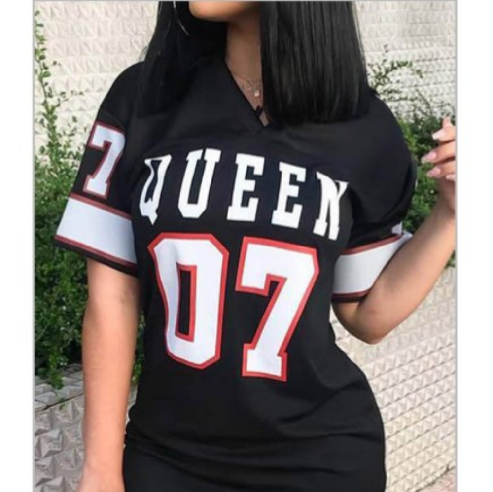 Casual V-neck Letter Print Black Mini Dress